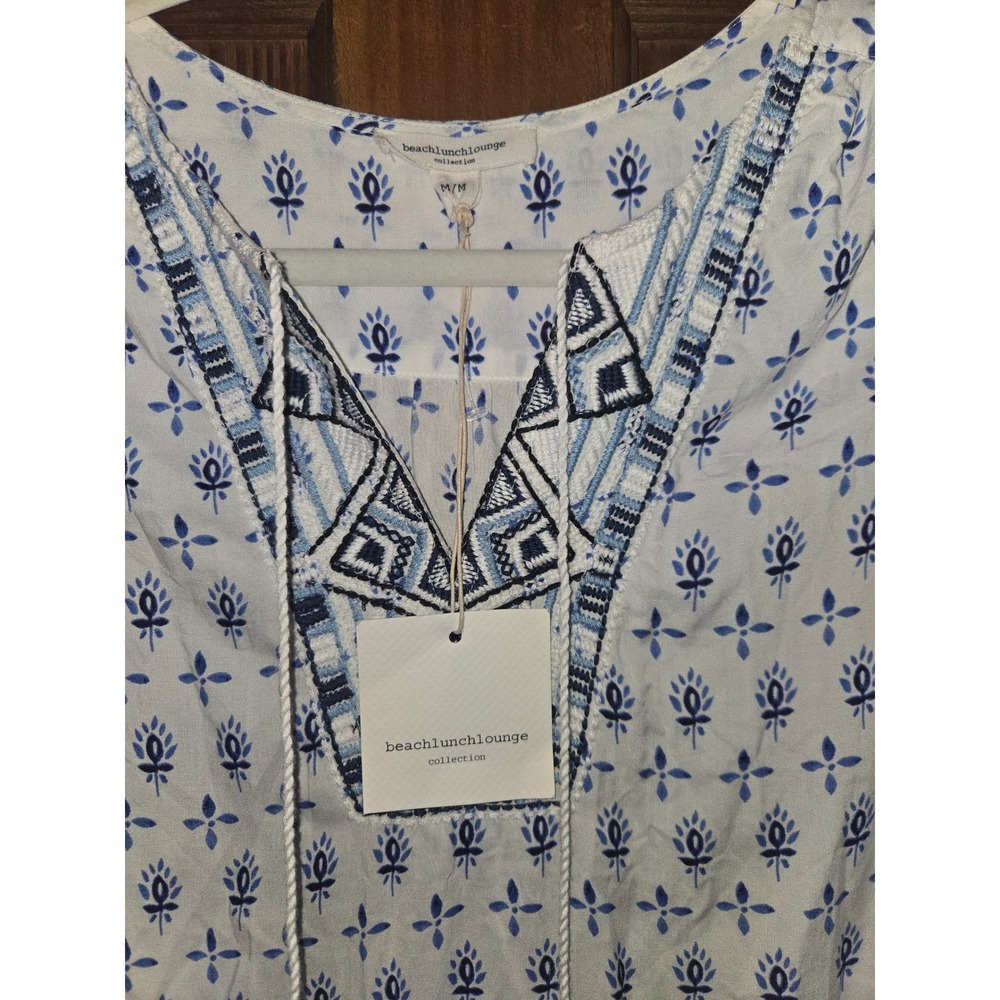 Beachlunchlounge Womens Blue White Embroidered Tassel V-Neck Shift Dress NWT M - Picture 4 of 5